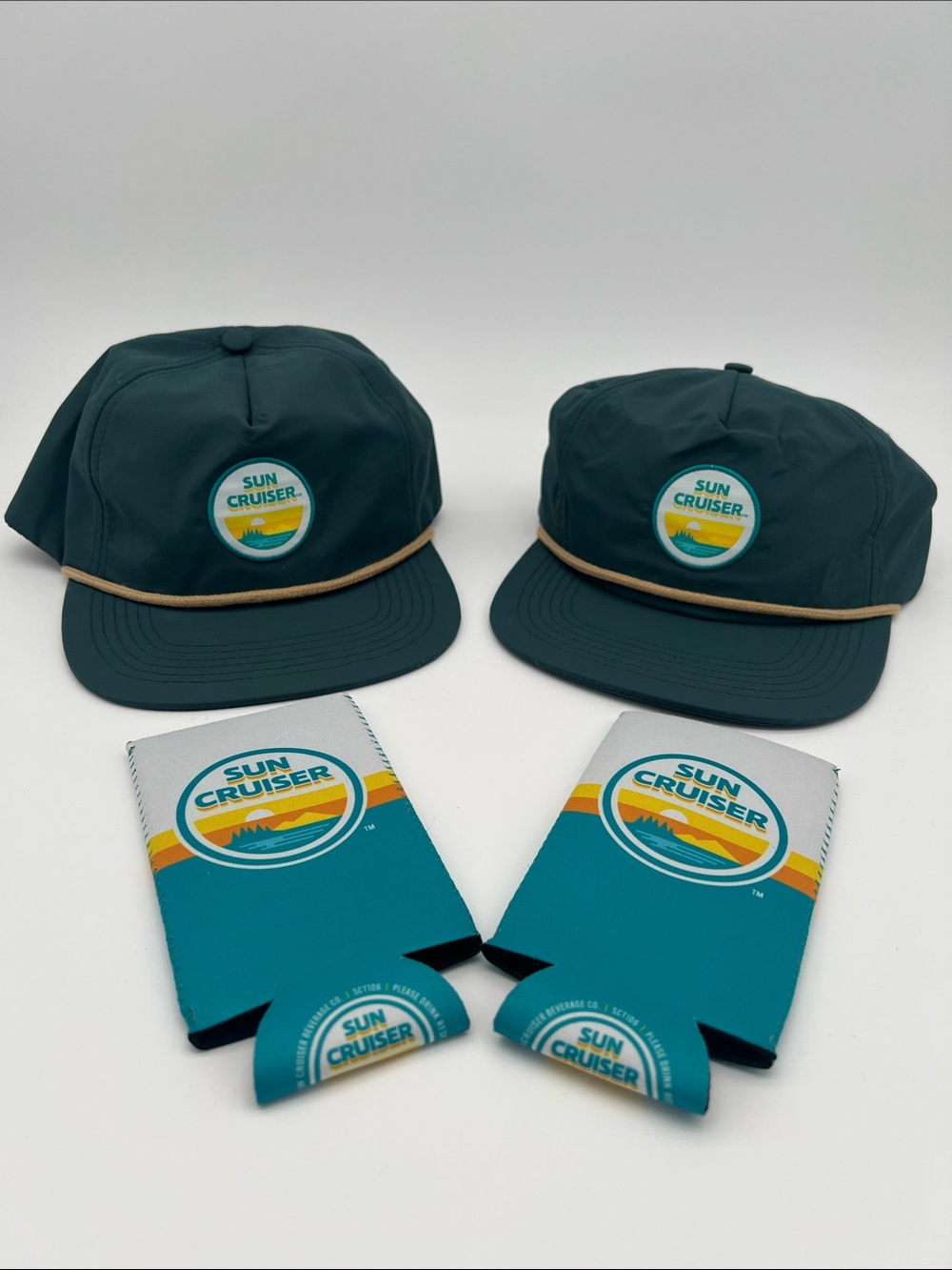 NWOT Sun Cruiser Iced Tea Vodka Snapback Teal Hats & Slim Can Coolers (Set of 2)